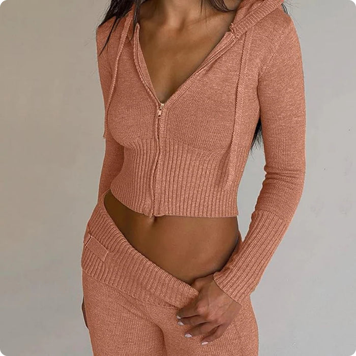 2 Piece Long Sleeve Fitted Crop Top And Pants Set